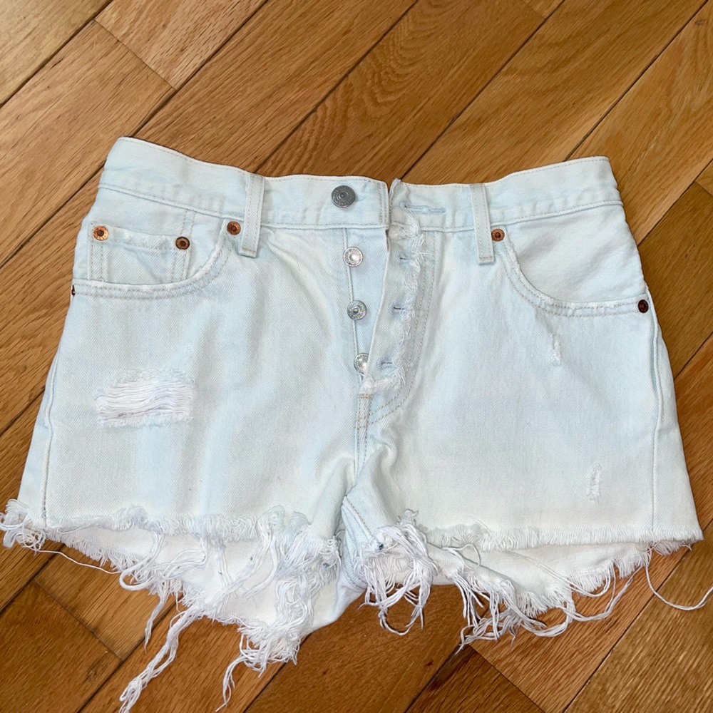 Levi 501 High Waisted Denim Distressed Shorts - Light Blue / Almost White - Picture 2 of 2